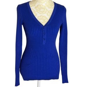 V28 Henley Sweater Rib Knit Top Shirt Blouse V Neck Long Sleeve Blue XS